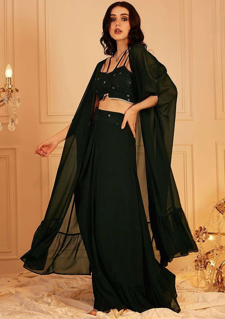 Green Printed Poly Blend Co Ord Set - Indya
