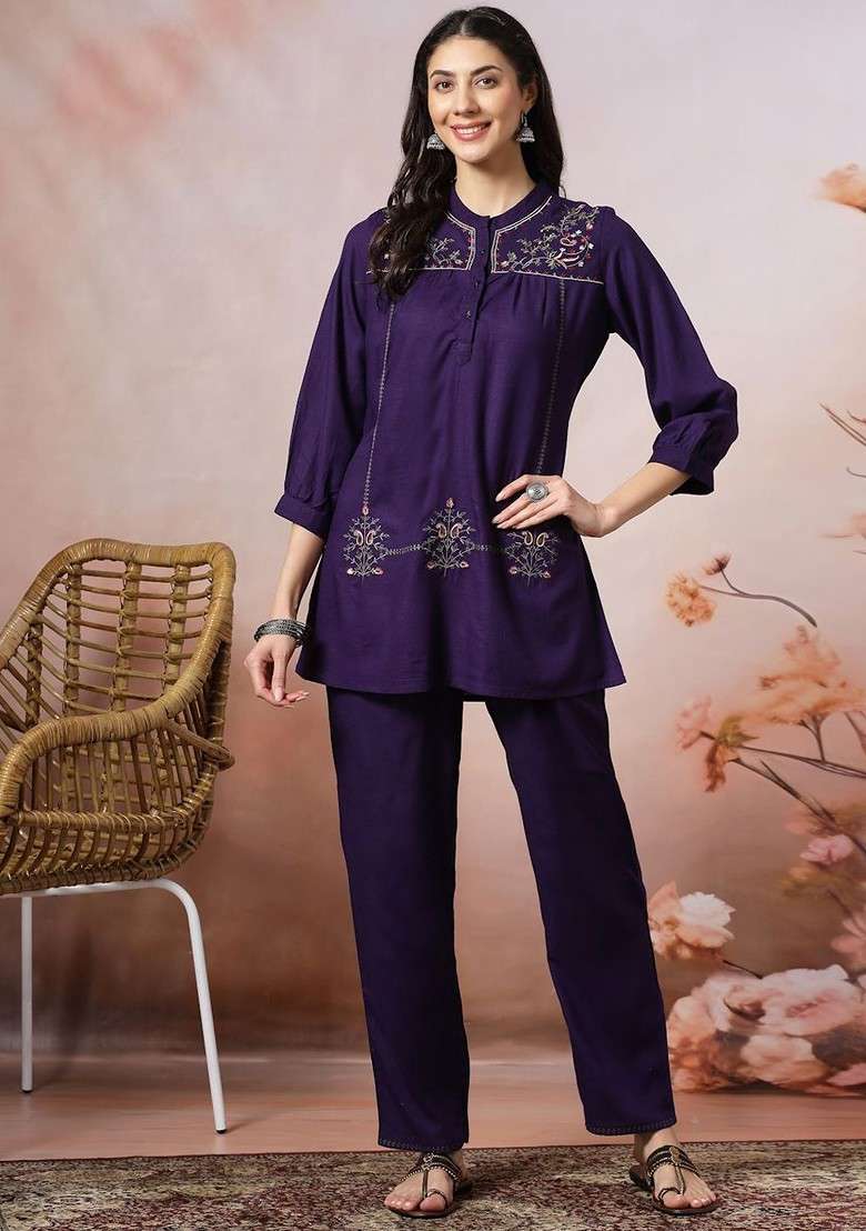 Purple Printed Poly Blend Co Ord Set - Indya