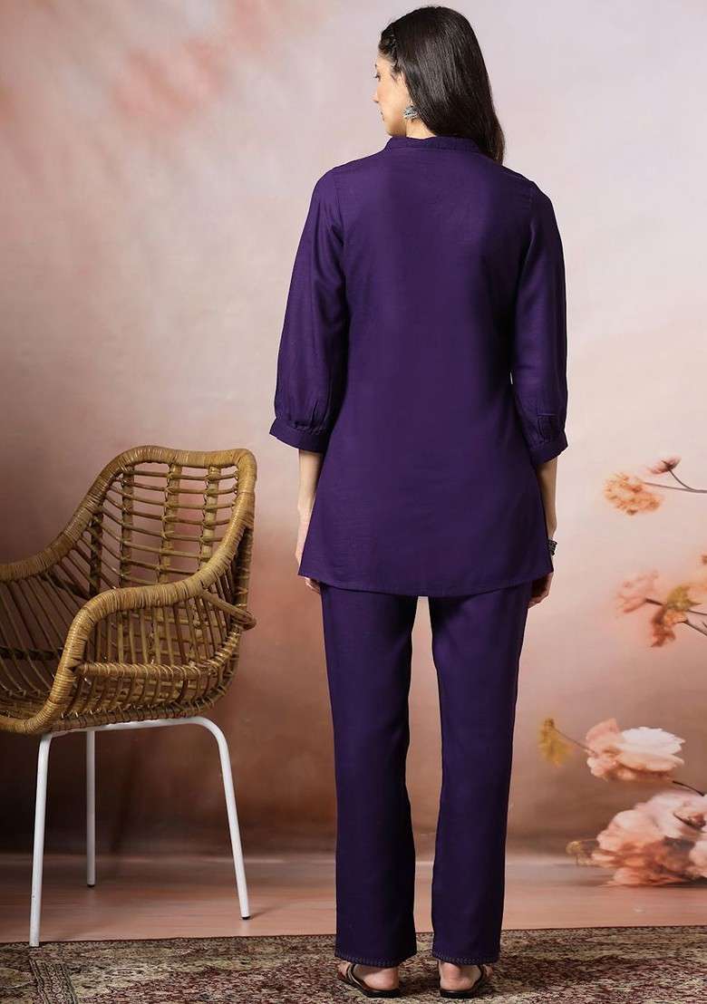 Purple Printed Poly Blend Co Ord Set - Indya