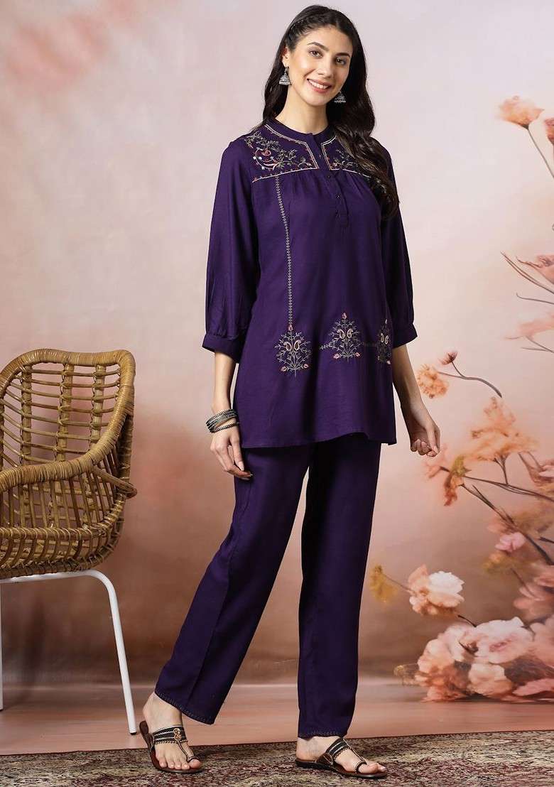 Purple Printed Poly Blend Co Ord Set - Indya