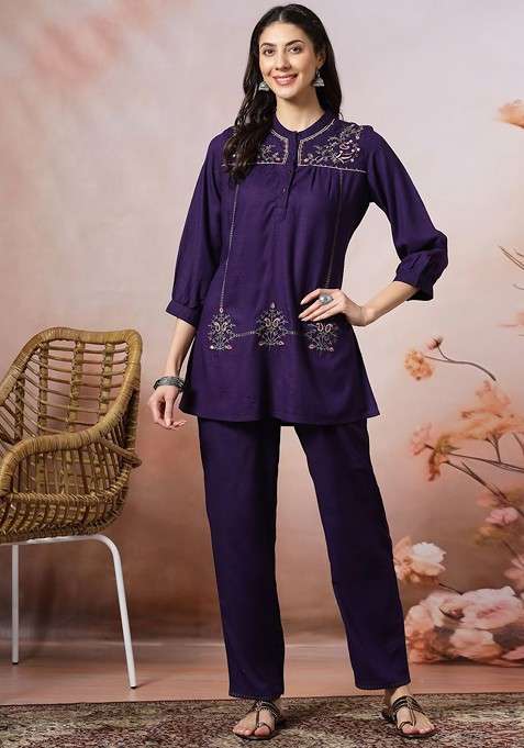 Purple Printed Poly Blend Co Ord Set