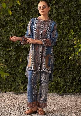 Turquoise Blue Printed Poly Blend Co Ord Set