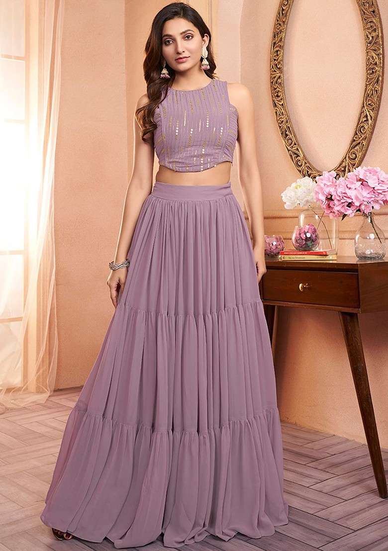 Lavender Printed Poly Blend Co Ord Set - Indya