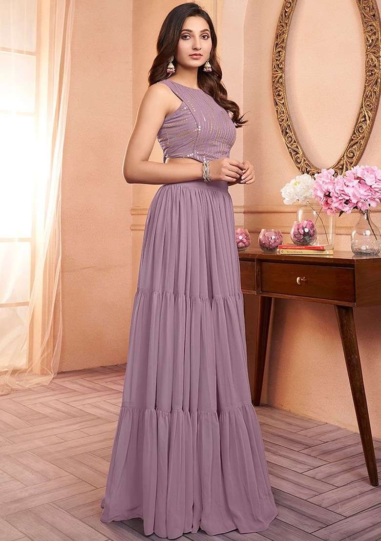 Lavender Printed Poly Blend Co Ord Set - Indya