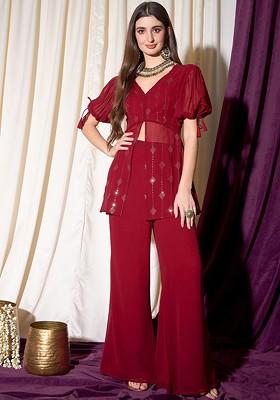 Maroon Printed Poly Blend Co Ord Set