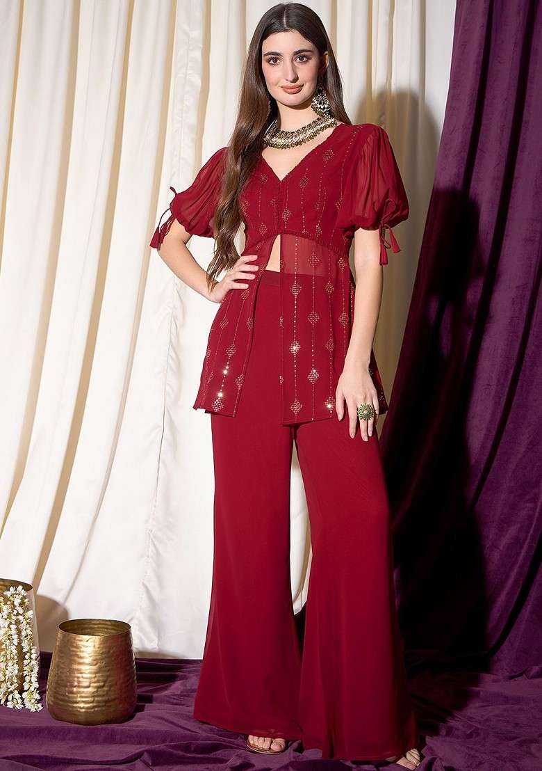 Maroon Printed Poly Blend Co Ord Set - Indya