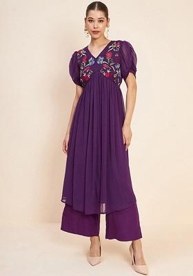 Purple Printed Poly Blend Co Ord Set