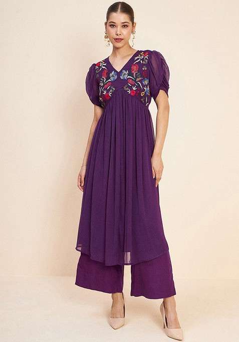 Purple Printed Poly Blend Co Ord Set