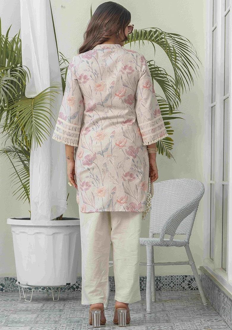 Cream Printed Poly Blend Co Ord Set - Indya