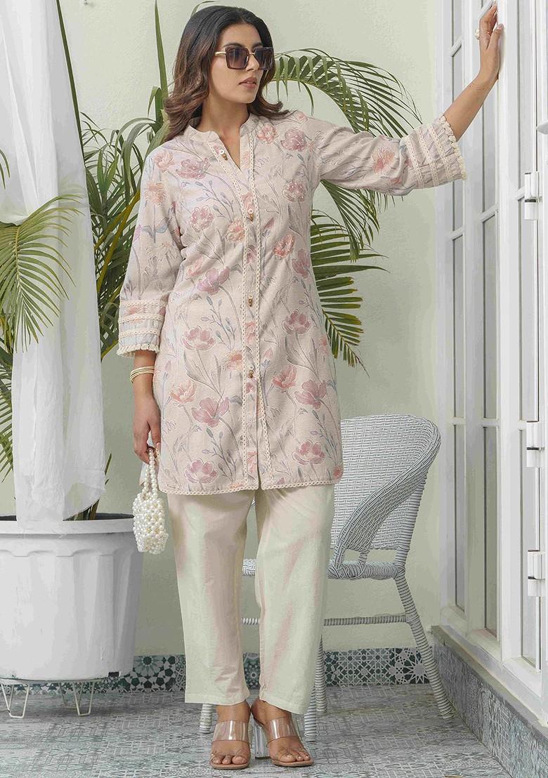 Cream Printed Poly Blend Co Ord Set - Indya