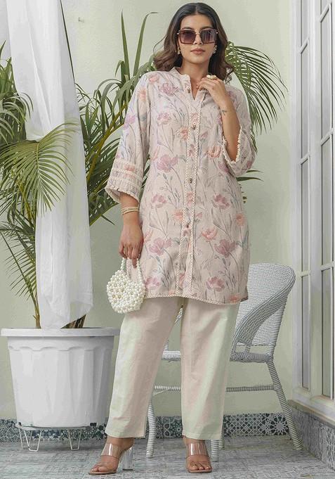 Cream Printed Poly Blend Co Ord Set