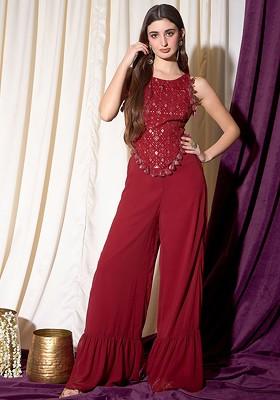 Maroon Printed Poly Blend Co Ord Set