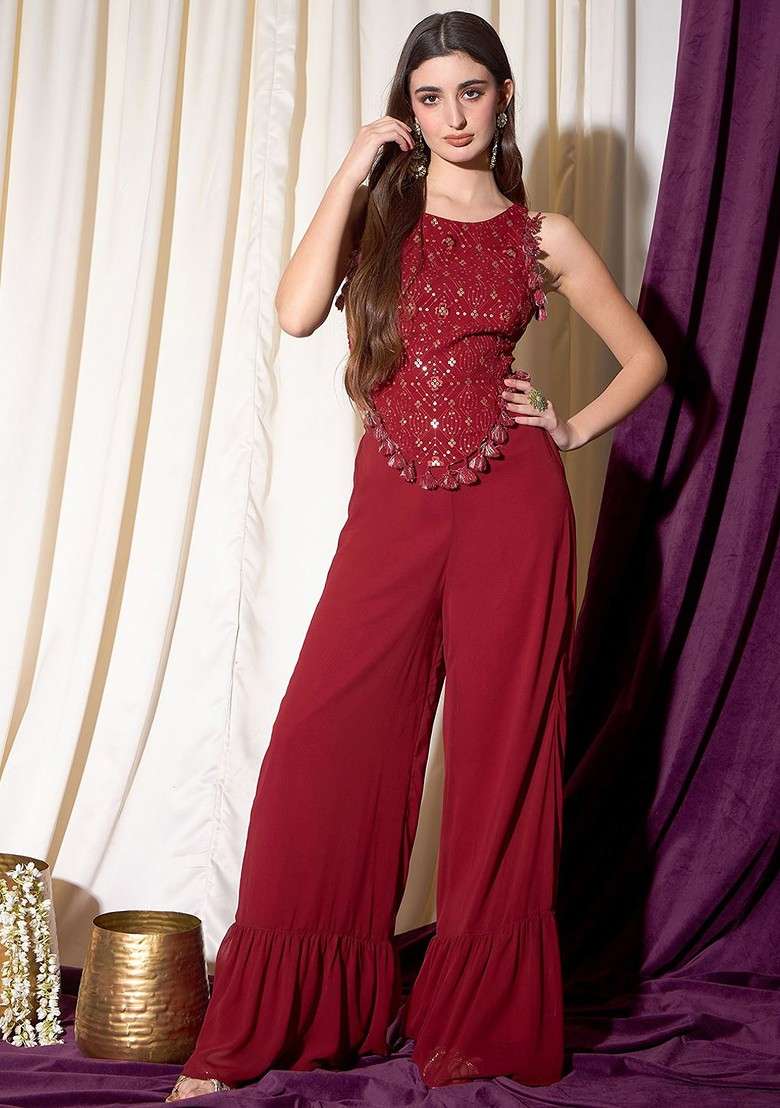 Maroon Printed Poly Blend Co Ord Set - Indya