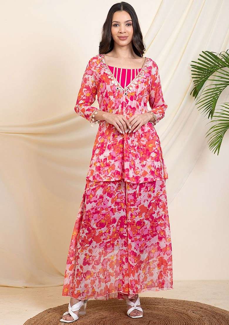 Magenta Printed Poly Blend Co Ord Set - Indya