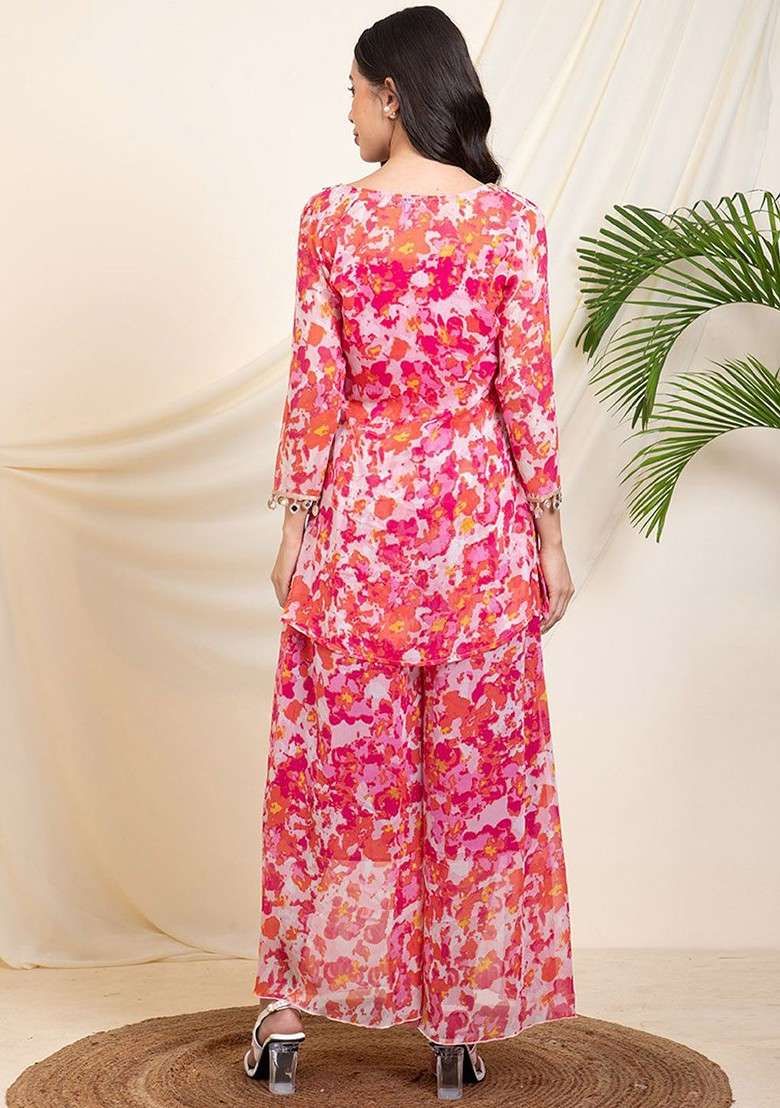 Magenta Printed Poly Blend Co Ord Set - Indya