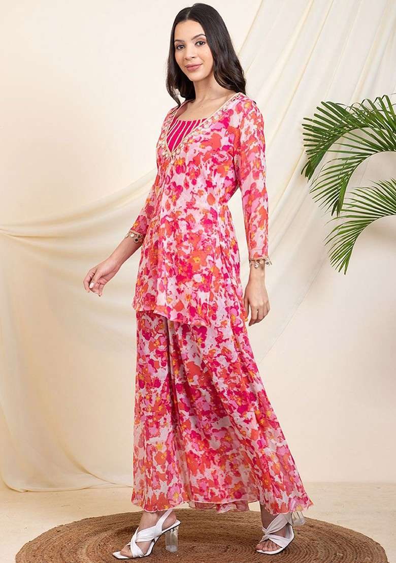 Magenta Printed Poly Blend Co Ord Set - Indya