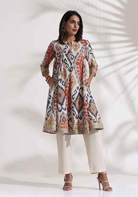 Off White Printed Poly Blend Co Ord Set