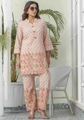 Peach Printed Cotton Co Ord Set