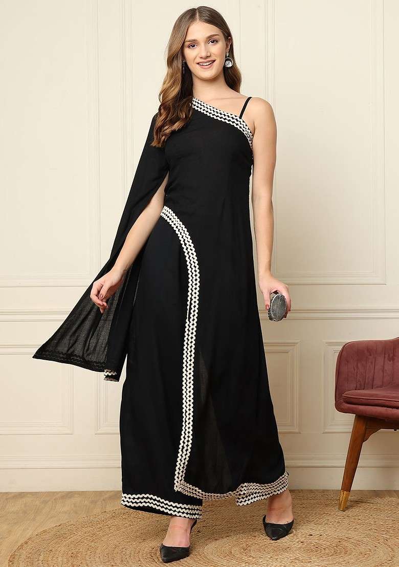 Black Printed Poly Blend Co Ord Set - Indya
