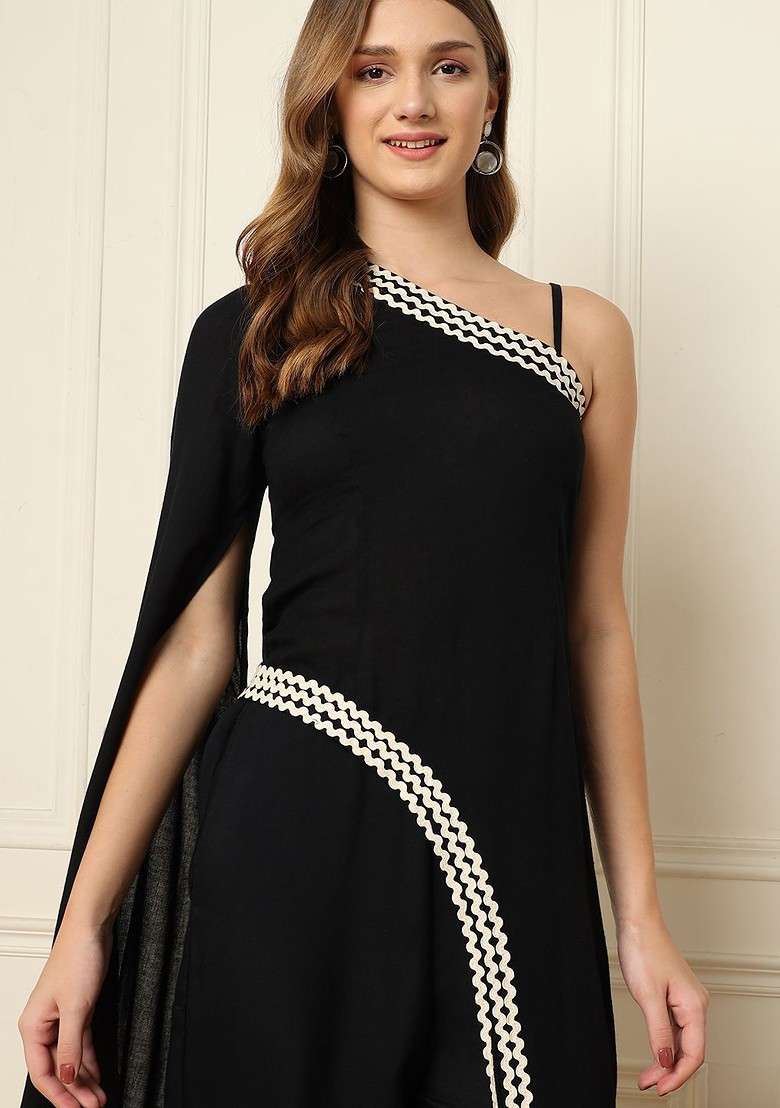 Black Printed Poly Blend Co Ord Set - Indya