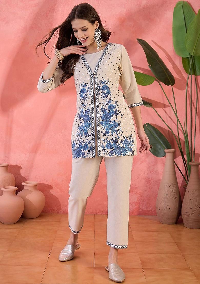 Off White Printed Poly Blend Co Ord Set - Indya