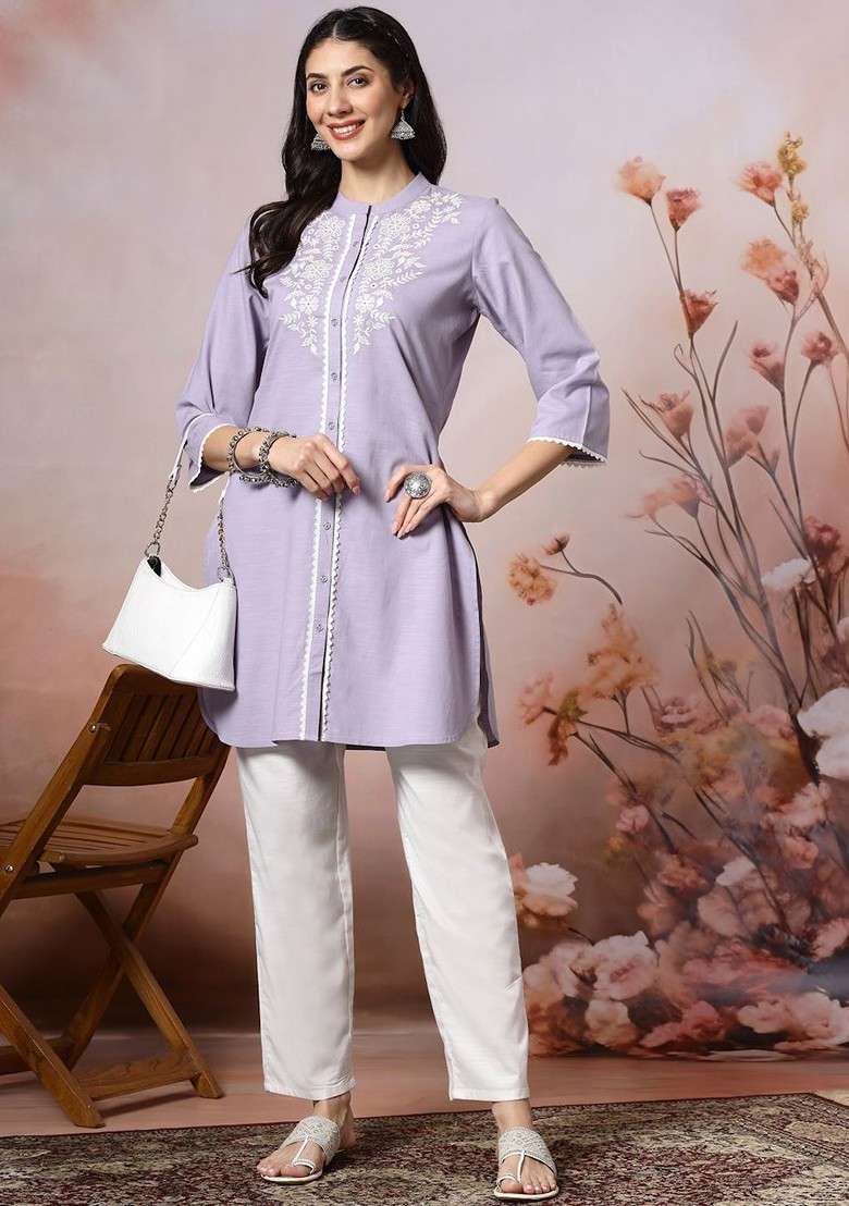 Lavender Printed Poly Blend Co Ord Set - Indya