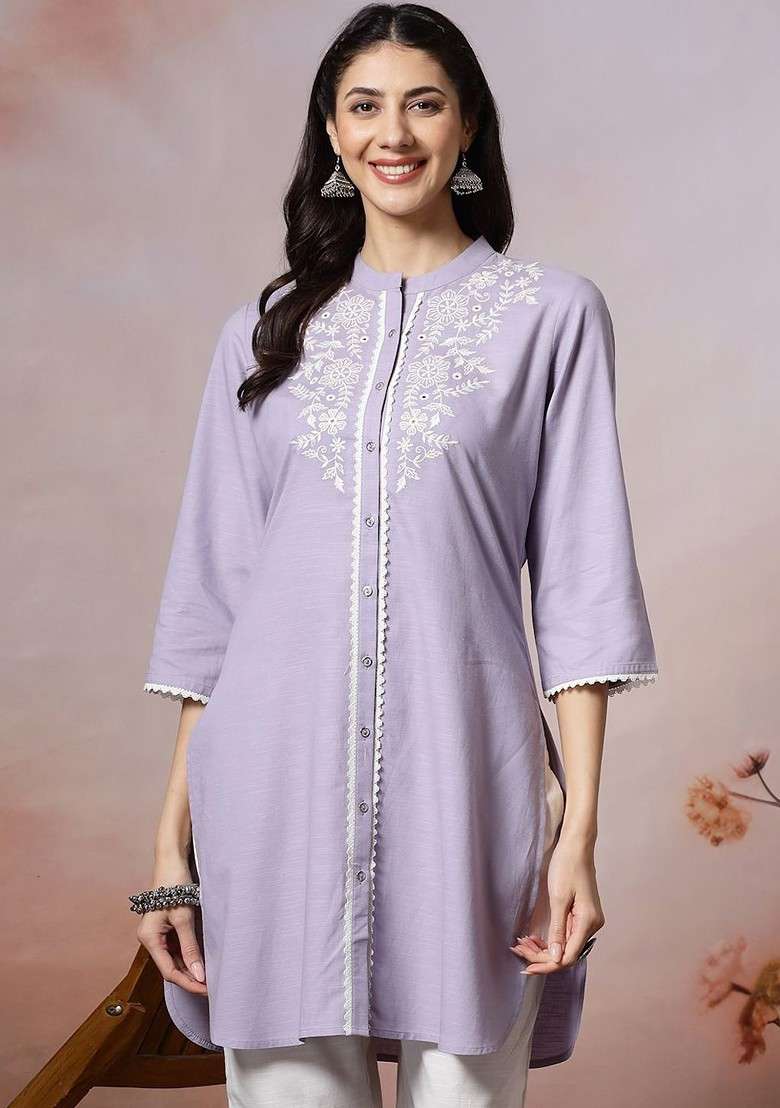 Lavender Printed Poly Blend Co Ord Set - Indya