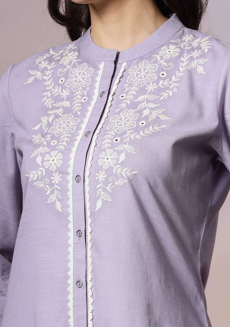 Lavender Printed Poly Blend Co Ord Set - Indya
