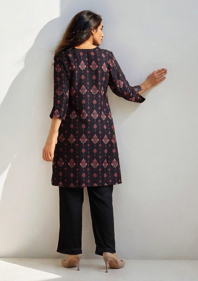 Black Printed Poly Blend Co Ord Set - Indya