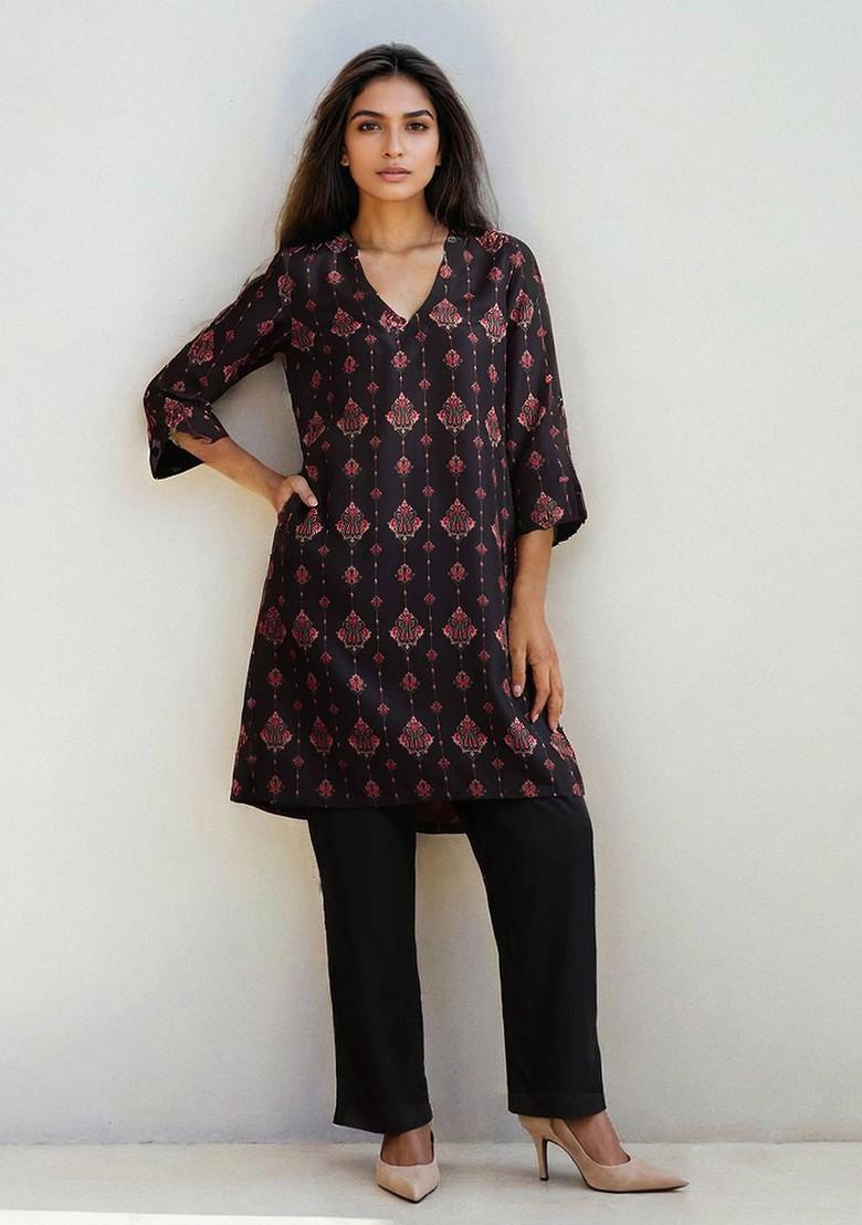 Black Printed Poly Blend Co Ord Set - Indya