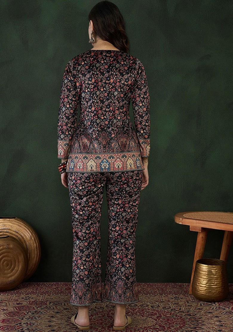 Black Printed Poly Blend Co Ord Set - Indya