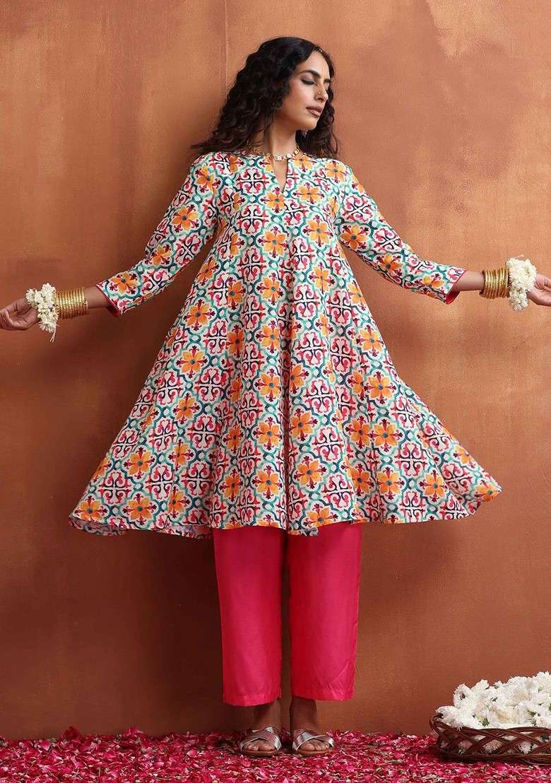 Off White Printed Poly Blend Co Ord Set - Indya