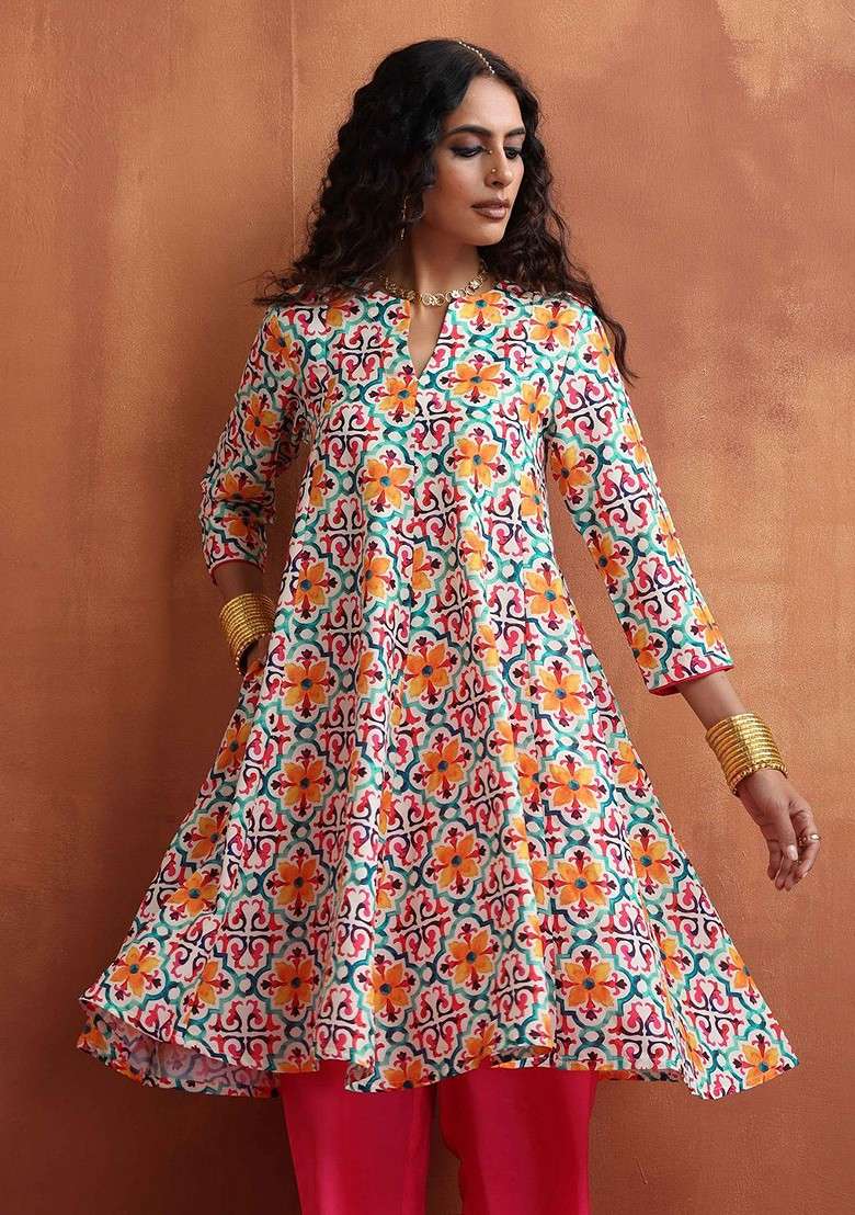 Off White Printed Poly Blend Co Ord Set - Indya