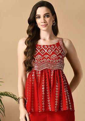 Red Printed Poly Blend Co Ord Set