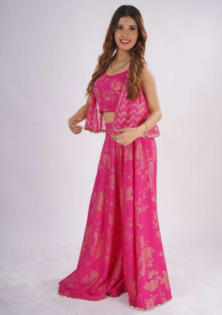 Pink Printed Poly Blend Co Ord Set - Indya