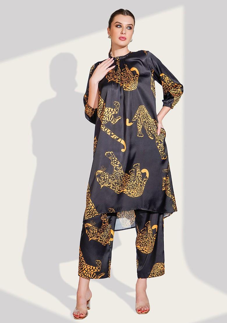 Black Printed Poly Blend Co Ord Set - Indya