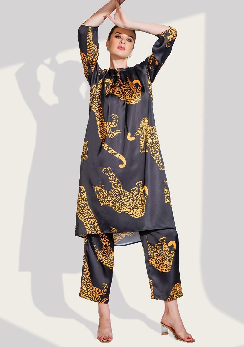 Black Printed Poly Blend Co Ord Set - Indya