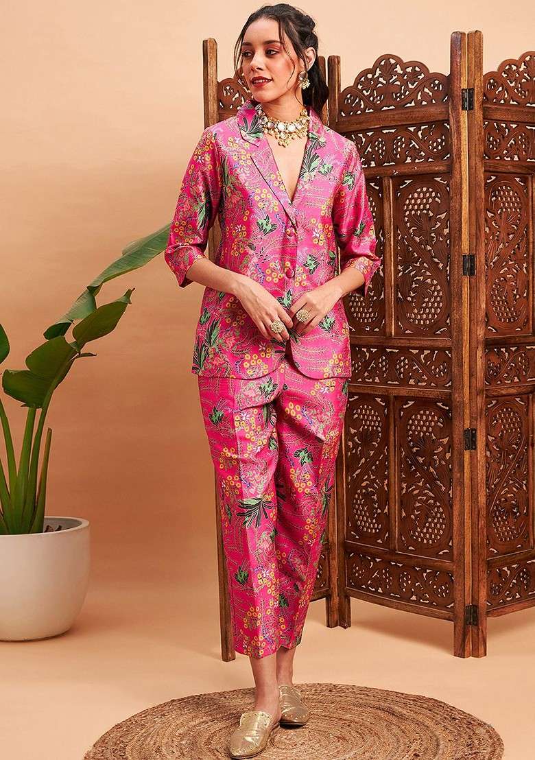 Pink Printed Poly Blend Co Ord Set - Indya