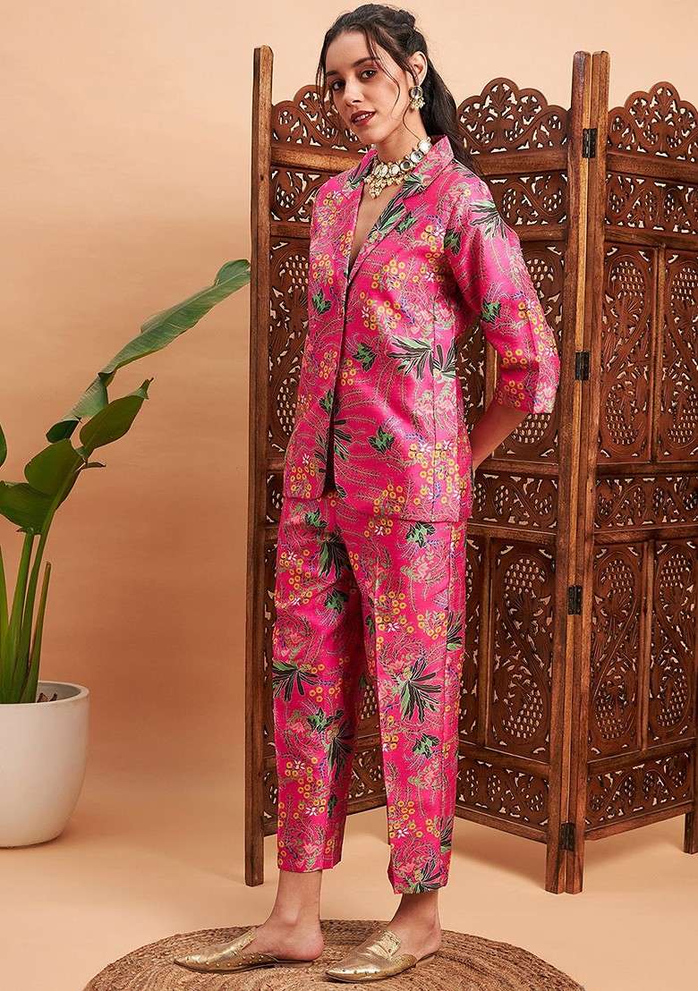 Pink Printed Poly Blend Co Ord Set - Indya