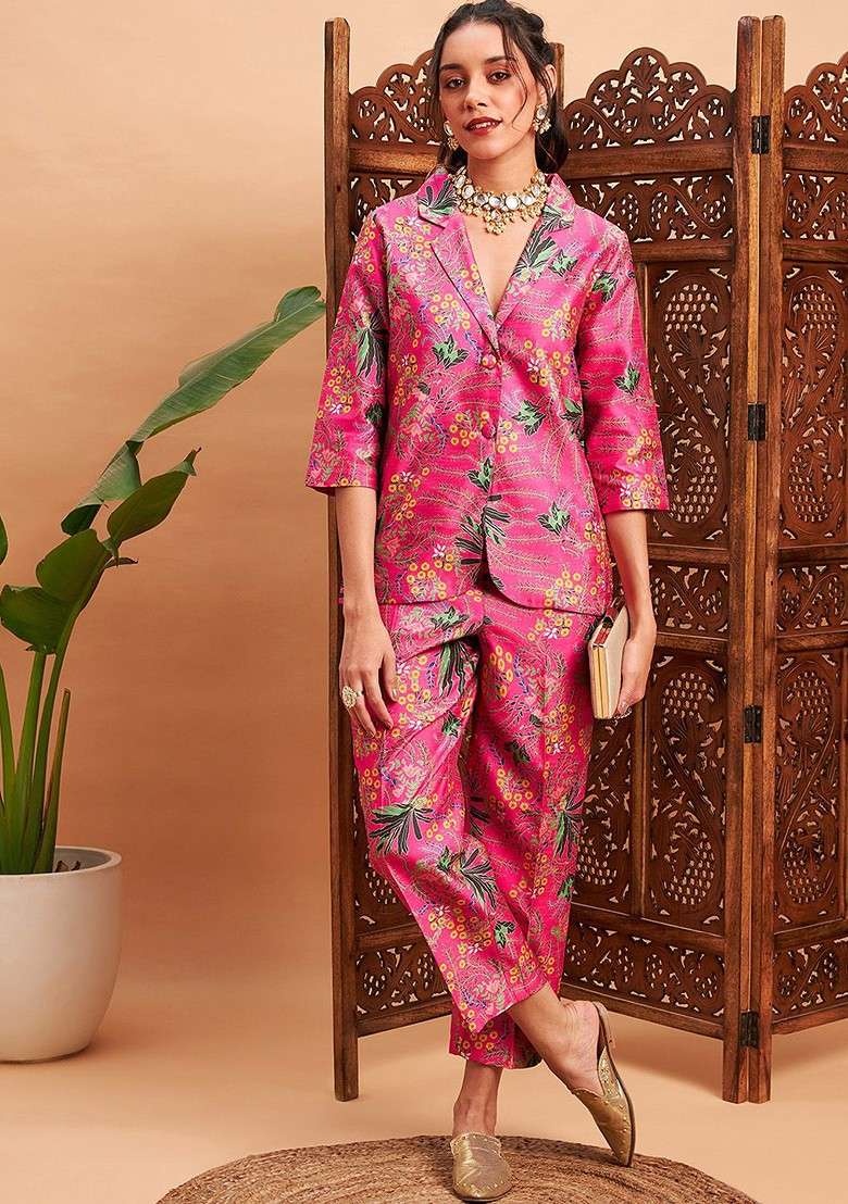 Pink Printed Poly Blend Co Ord Set - Indya
