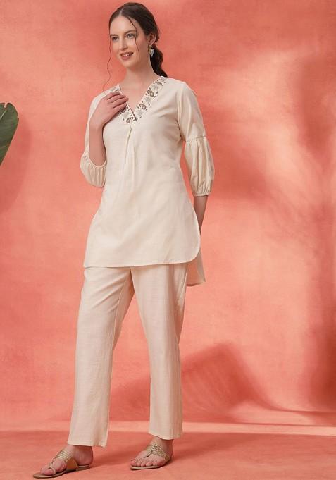 Off White Printed Cotton Co Ord Set