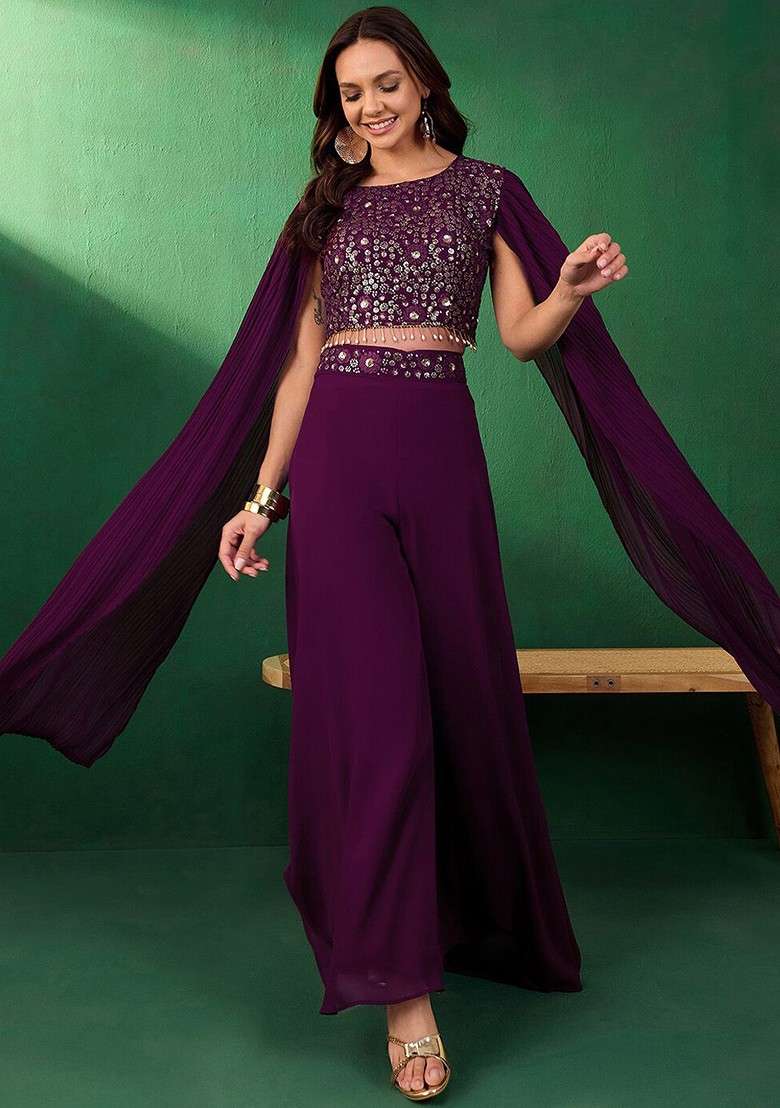 Magenta Printed Poly Blend Co Ord Set - Indya