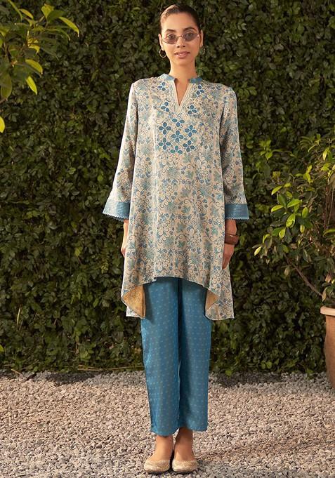 Blue Printed Poly Blend Co Ord Set