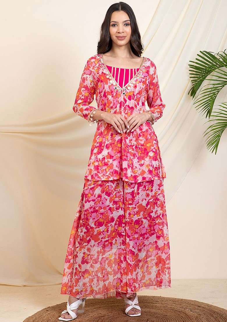 Magenta Printed Poly Blend Co Ord Set - Indya