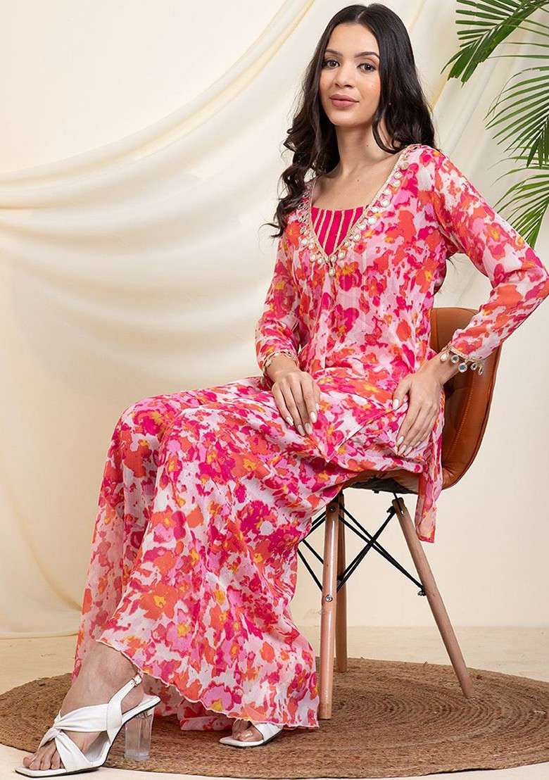 Magenta Printed Poly Blend Co Ord Set - Indya
