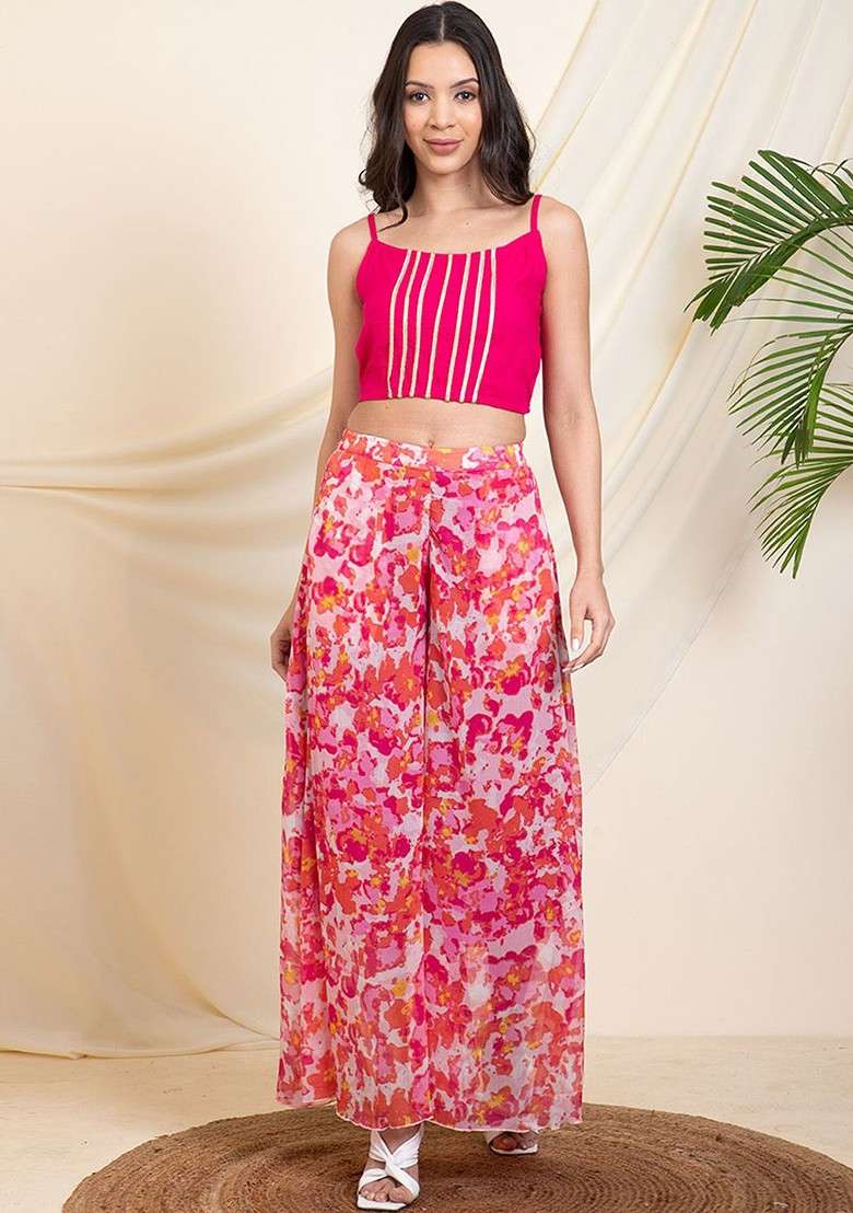Magenta Printed Poly Blend Co Ord Set - Indya