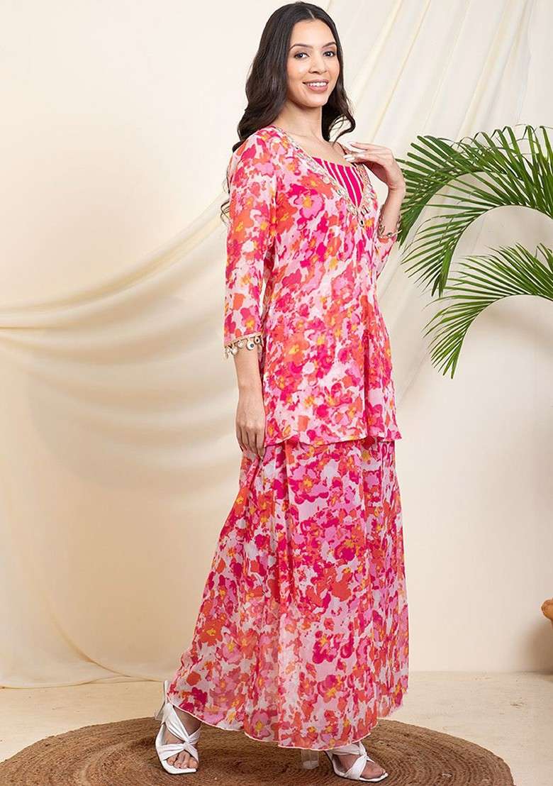 Magenta Printed Poly Blend Co Ord Set - Indya