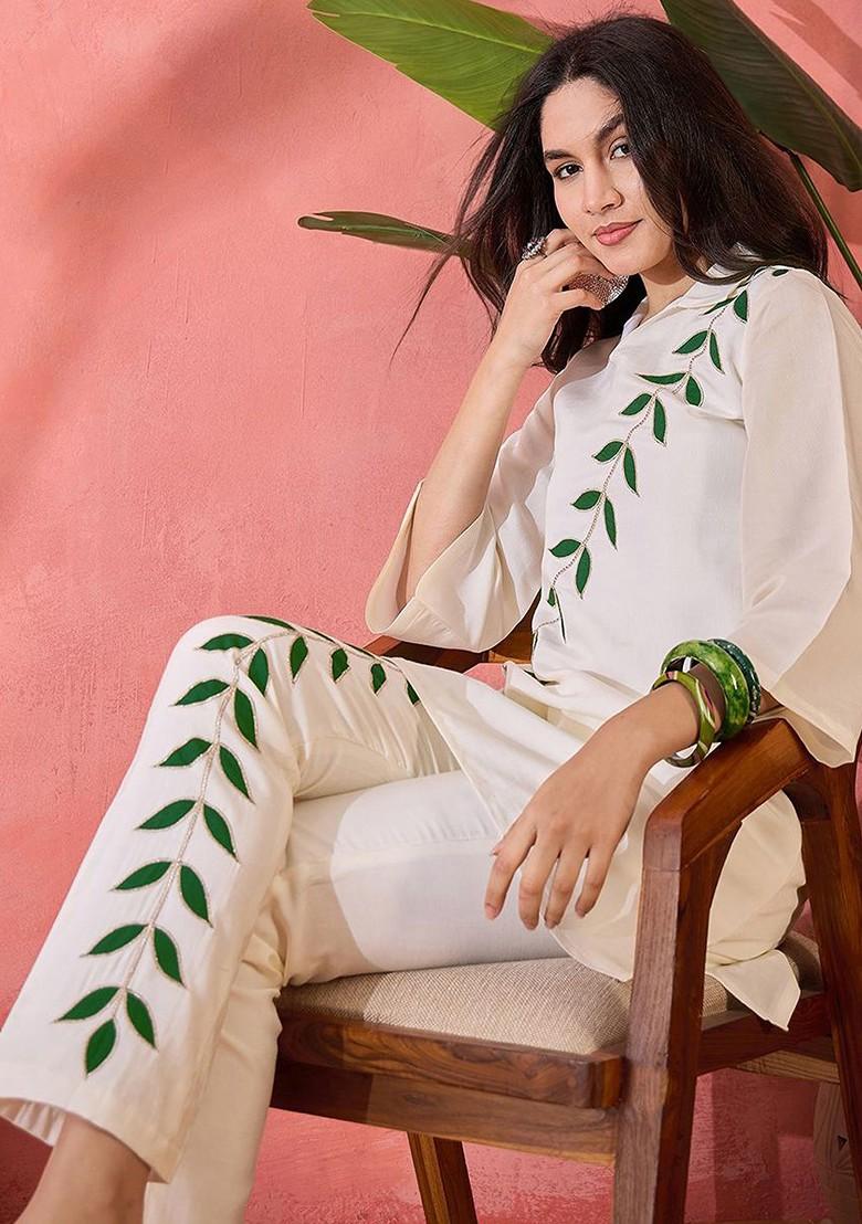 Off White Printed Poly Blend Co Ord Set - Indya