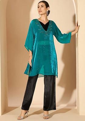 Teal Blue Printed Poly Blend Co Ord Set