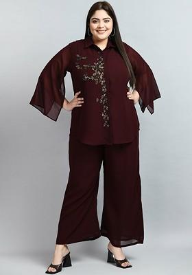 Coffee Brown Printed Poly Blend Co Ord Set